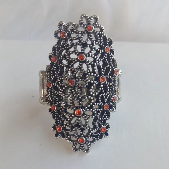 Paparazzi Silver and Orange Floral Ring Strech - Picture 2 of 11
